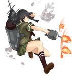  backpack bag bangs black_hair blunt_bangs braid firing highres kantai_collection kitakami_(kantai_collection) loafers long_hair muzzle_flash pleated_skirt rapid-fire school_uniform serafuku shoes sidelocks single_braid skirt smoke socks solo tetsu_(kimuchi) 