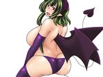  1girl ass blush breasts demon_girl female green_hair huge_breasts legwear long_hair navel open_mouth original panties pointy_ears purple_legwear purple_panties red_eyes sitting solo sweat topless underwear wings yousuke 