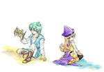  1girl alena_(dq4) belt black_legwear blush boots cape curly_hair dragon_quest dragon_quest_iv earrings frown gloves green_hair hat hdk headwear_removed helmet helmet_removed hero_(dq4) jewelry long_hair orange_hair pantyhose purple_eyes red_eyes sitting 