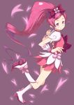  :o bad_id bad_pixiv_id boots bow cherry_blossoms choker cure_blossom dress earrings galaxea hair_ribbon hanasaki_tsubomi heart heartcatch_precure! highres jewelry knee_boots long_hair magical_girl petals pink_bow pink_choker pink_eyes pink_hair ponytail precure purple_background ribbon solo 