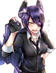  bad_id bad_pixiv_id eyepatch fang fingerless_gloves gloves hand_on_hip headgear kantai_collection kuzushima looking_at_viewer machinery necktie open_mouth purple_hair scabbard sheath short_hair solo sword tenryuu_(kantai_collection) translated weapon yellow_eyes 