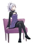  black_legwear chair crossed_legs darker_than_black fkey full_body hair_ribbon long_sleeves mary_janes panties panties_under_pantyhose pantyhose pink_eyes ponytail purple_skirt ribbon shirt shoes silver_hair simple_background sitting skirt solo underwear white_background yin 