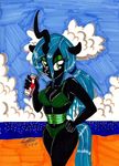  anthrofied beach bikini black_skin blue_hair bra breasts changeling cleavage clothed clothing drink drinking female friendship_is_magic green_eyes hair hairband hand_on_hip horn makeup my_little_pony newyorkx3 outside ponytail queen_chrysalis_(mlp) seaside swimsuit underwear wings 
