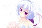  bad_id bad_pixiv_id bat_wings blue_hair bouquet dress flower jewelry looking_at_viewer motomiya_mitsuki necklace petals purple_eyes remilia_scarlet short_hair smile solo strapless strapless_dress touhou upper_body veil wedding_dress white_dress wings 