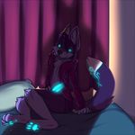  bed bioluminescence canine canine_penis color curtains erection fox glowing glowing_pawpads glowing_paws hoodie invalid_tag male mammal penis piercing pillow rainbow shadow shai_aoyagi solo syynx 