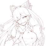  bow breasts cigarette cube85 fujiwara_no_mokou hair_bow large_breasts lineart long_hair looking_at_viewer monochrome one_eye_closed smile solo touhou v very_long_hair 