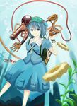  adjustable_wrench backpack bag blue_eyes blue_hair bracelet bubble dress extra_arms gears hair_bobbles hair_ornament hat heisotsu_(otanushi) highres jewelry kawashiro_nitori key looking_at_viewer machine mechanical_arm plant pocket screwdriver shirt short_hair short_sleeves skirt skirt_set smile solo tools touhou two_side_up underwater weapon wet wet_clothes wrench 