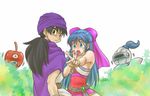  1girl :o bare_shoulders black_hair blue_eyes blue_hair blush bow bracelet chinyan covering_mouth dragon_quest dragon_quest_v earrings evil_apple flora grey_eyes hair_bow hand_over_own_mouth hero_(dq5) husband_and_wife jewelry long_hair pink_bow pointing ring slime_knight sweatdrop turban 