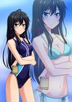  bikini black_hair blue_bikini blue_eyes competition_swimsuit covered_navel crossed_arms hair_between_eyes hair_ribbon highres kenken long_hair navel one-piece_swimsuit ribbon side-tie_bikini solo swimsuit yahari_ore_no_seishun_lovecome_wa_machigatteiru. yukinoshita_yukino zoom_layer 