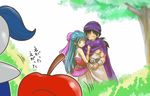  1girl bare_shoulders black_hair blue_eyes blue_hair blush bow bracelet chinyan choker dragon_quest dragon_quest_v dress earrings evil_apple flora hair_bow hero_(dq5) husband_and_wife jewelry long_hair pink_bow slime_knight smile translation_request turban 