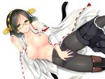  bad_id bad_pixiv_id black_hair black_legwear breasts crotch_seam detached_sleeves glasses hairband japanese_clothes kantai_collection kirishima_(kantai_collection) large_breasts miko mokufuu nipples no_bra open_clothes panties panties_under_pantyhose pantyhose ribbon-trimmed_sleeves ribbon_trim short_hair solo underwear 