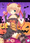  bat bekotarou blonde_hair candy dress food gloves green_eyes halloween highres jack-o'-lantern kamikita_komari little_busters! lollipop one_eye_closed pumpkin short_hair striped striped_legwear thighhighs twintails 