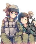  assault_rifle blue_eyes blush brown_hair bulletproof_vest bullpup closed_eyes closed_mouth daito drooling gun helmet holding holding_gun holding_weapon imi_tavor_tar-21 long_sleeves military military_uniform multiple_girls open_mouth original pocket rifle saliva simple_background sitting sketch sleeping smile uniform weapon white_background 