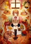  absurdres autumn_leaves bad_id bad_pixiv_id book boots bow bowtie brown_hair cat cushion green_eyes highres megumu original revision short_hair sitting skirt smile solo sweater thighhighs window 