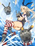  anchor ass black_panties blonde_hair blush boots elbow_gloves gloves green_eyes grey_footwear hair_ornament hairband highleg highleg_panties highres kantai_collection lifebuoy long_hair looking_at_viewer midriff panties rensouhou-chan shimakaze_(kantai_collection) skirt solo striped striped_legwear thighhighs thong torn_clothes torn_gloves torn_legwear underwear white_gloves yangsion 