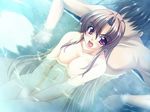  1girl bachou blush breasts brown_hair game_cg koihime_musou long_hair navel nude purple_eyes water wet yatsuha_kanan 