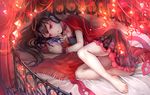  barefoot bed black_hair cleavage maruyama-jp original red_eyes 