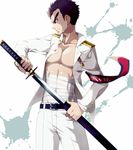  armband bandages belt black_hair danganronpa danganronpa_1 ishimaru_kiyotaka male_focus medal open_clothes open_shirt red_eyes shirt solo sun_trial sword tears uniform weapon white_gakuran 