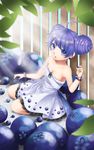  ahoge bad_id bad_pixiv_id bare_shoulders blueberry bracelet breasts dress earrings eyeshadow food food_themed_earrings food_themed_ornament fruit highres jewelry kim_bae-eo makeup medium_breasts open_mouth original personification purple_eyes purple_hair solo 