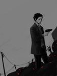  1boy adachi_tooru boy gun male male_focus monochrome necktie persona persona_4 solo weapon 