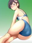  ass barefoot blush brown_eyes brown_hair competition_swimsuit doutanuki hair_ornament hairclip highres kami_nomi_zo_shiru_sekai kosaka_chihiro lying on_side one-piece_swimsuit short_hair swimsuit 