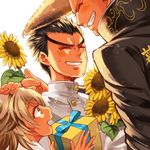  black_hair brown_eyes brown_hair danganronpa danganronpa_1 flower fujisaki_chihiro gift grin ishimaru_kiyotaka long_hair male_focus multiple_boys nakano_(p-geist) oowada_mondo smile sunflower tears uniform 