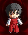  antenna_hair black_hair chibi cosplay detached_sleeves hakama japanese_clothes kigurumi leotard long_hair m.u.g.e.n mikudayoo nontraditional_miko original parody red_eyes red_hakama samuimu scar sendai_hakurei_no_miko solo tabi touhou vocaloid 