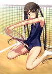  absurdres bare_shoulders brown_eyes brown_hair cameltoe covered_nipples fault!! flat_chest highres legs long_hair long_legs looking_at_viewer one-piece_swimsuit parted_lips racket scan school_swimsuit sidelocks sitting skindentation socks solo sugiyama_mio swimsuit tanaka_takayuki tennis_net tennis_racket thighs twintails very_long_hair wariza white_legwear 