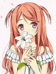  bare_shoulders blush colorized covering_mouth flower frills hair_ornament holding holding_flower itachi_kanade jewelry kurumi_(kantoku) leaf lily_(flower) long_hair looking_at_viewer necklace original purple_eyes red_hair solo two_side_up 