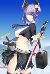  belt black_legwear breasts eyepatch gentsuki kantai_collection large_breasts left-handed purple_hair sheath short_hair solo studded_belt sword tenryuu_(kantai_collection) thighhighs torn_clothes underboob weapon yellow_eyes 