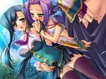  2girls blush chouryou_(shia) game_cg green_eyes kan&#039;u kan'u koihime_musou multiple_girls purple_hair sarashi short_hair thighhighs yatsuha_kanan 