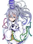  blue_eyes hat ishimu long_hair mononobe_no_futo ponytail silver_hair solo tate_eboshi touhou white_background wide_sleeves 