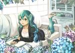  bad_id bad_pixiv_id bonbon_00 book corded_phone couch green_eyes green_hair hatsune_miku long_hair lying on_stomach phone solo striped striped_legwear thighhighs vertical-striped_legwear vertical_stripes vocaloid 