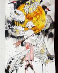  1girl arrow bird bird_request crater feathers full_body full_moon highres holding holding_arrow holding_weapon long_sleeves looking_at_viewer maruti_bitamin moon original pants red_pants shirt short_hair solo traditional_media watercolor_(medium) weapon white_hair white_shirt wings yellow_eyes yellow_moon 