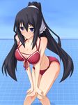  bent_over bikini black_hair blue_eyes blush breasts cleavage grid hair_ribbon hands_on_own_knees highres infinite_stratos large_breasts long_hair mei_ichi ponytail ribbon shinonono_houki simple_background solo swimsuit 