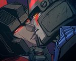  gay glowing kissing lesnee machine male mechanical megatron plain_background purple_background red_eyes robot sneefee starscream teeth tongue transformers yellow_eyes 