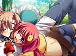  1boy 2girls bachou brown_hair cg chouhi eyes_closed game_cg koihime_musou multiple_girls ponytail purple_eyes yatsuha_kanan 