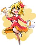 aki_shizuha blonde_hair hair_ornament leaf_hair_ornament long_sleeves looking_at_viewer open_mouth paint_can paintbrush shinapuu shirt skirt skirt_set smile solo standing standing_on_one_leg touhou trim_brush yellow_eyes 