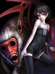  adapted_costume asymmetrical_wings bad_id bad_pixiv_id bare_arms bare_shoulders black_dress black_hair black_legwear dress highres houjuu_nue looking_at_viewer monkey nishi_masakazu nue red_eyes sleeveless sleeveless_dress snake solo thighhighs touhou wings zettai_ryouiki 