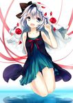  alternate_costume ass_visible_through_thighs bare_arms bare_shoulders blue_eyes blue_skirt dress flower hair_ribbon konpaku_youmu kusada_souta looking_at_viewer open_mouth petals red_flower red_rose reflection ribbon rose silver_hair skirt sleeveless sleeveless_dress smile solo thigh_gap touhou upskirt veil 