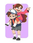  1boy 1girl baseball_cap blush_stickers braces brother_and_sister brown_eyes brown_hair dipper_pines frown gravity_falls grimace hairband hat long_hair mabel_pines moyori open_mouth piggyback pointing rainbow short_hair shorts siblings skirt smile socks sweat sweatdrop sweater vest 