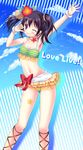  ;) ankle_lace-up armpits bikini black_hair bracelet cross-laced_footwear fingernails flower hair_flower hair_ornament hibiscus highres jewelry long_fingernails long_hair love_live! love_live!_school_idol_project nail_polish natsuiro_egao_de_1_2_jump! one_eye_closed red_eyes shirato_sayuri smile solo striped striped_bikini striped_swimsuit swimsuit twintails yazawa_nico 