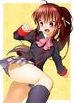  bow brown_hair highres little_busters! long_hair natsume_rin onsoku_maru pink_bow plaid plaid_skirt ponytail red_eyes school_uniform skirt 