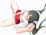  barefoot black_hair blush breasts closed_eyes clothed_masturbation hand_in_panties highres kantai_collection lying masturbation medium_breasts momo_(higanbana_and_girl) nipples panties skirt solo tears topless twintails underwear white_panties zuikaku_(kantai_collection) 