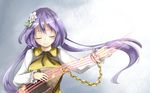  biwa_lute closed_eyes deetamu dress flower green_dress hair_flower hair_ornament highres instrument long_hair long_sleeves lute_(instrument) music musical_note playing_instrument purple_hair shirt smile solo touhou tsukumo_benben twintails very_long_hair 