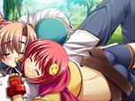  1boy 2girls bachou brown_hair cg chouhi eyes_closed game_cg koihime_musou multiple_girls ponytail yatsuha_kanan 