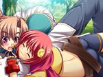  1boy 2girls bachou brown_eyes brown_hair cg chouhi eyes_closed game_cg koihime_musou multiple_girls ponytail yatsuha_kanan 