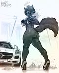  big_butt breasts butt canine car demon female fire fluffy_tail headlights high_heels horn mammal nude sligarthetiger solo thick_thighs wide_hips wolf 