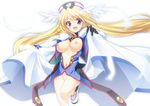  blonde_hair blush breasts cape feathers hat head_wings large_breasts long_hair looking_at_viewer mtu_(orewamuzituda) navel nipples open_mouth purple_eyes simple_background skirt_hold smile solo ufo_princess_valkyrie valkyrie_(ufo_princess_valkyrie) very_long_hair white_background 