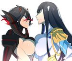  angry asymmetrical_docking bad_id bad_twitter_id black_hair blush breast_contest breast_press breasts clenched_teeth confrontation epaulettes eye_contact face-to-face faceoff frown glaring grin kill_la_kill kiryuuin_satsuki large_breasts long_hair looking_at_another matoi_ryuuko multicolored_hair multiple_girls nuezou scowl sideboob simple_background smile suspenders teeth two-tone_hair white_background 